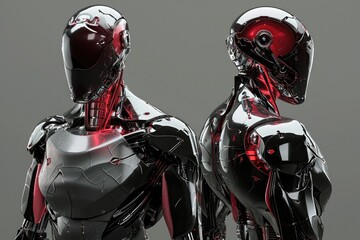 Naklejka premium A pair of robots, one red and one blue, standing stationary next to each other in a well-lit room, Futuristic anatomy of cyborg with internal view, AI Generated