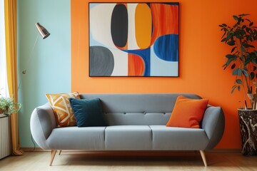 Stylish living room with a pastel orange accent wall, grey sofa adorned with colorful cushions, and indoor plants.