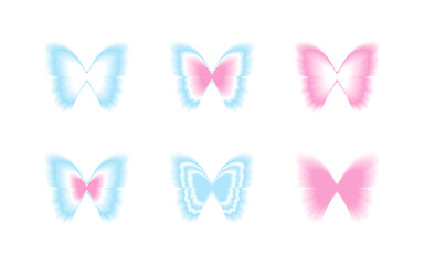 Y2K gradient blurred butterfly shapes set. Retro 2000s design elements with an aura effect.