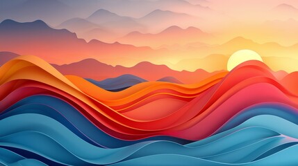 Digital artwork of stylized wavy landscape with warm and cool color gradients representing sunset over hills.