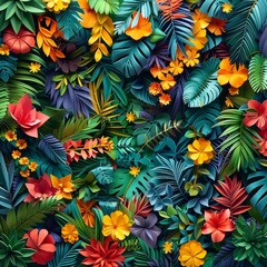 Vibrant and colorful paper art of a dense tropical jungle with a variety of exotic flowers and lush green foliage.