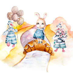 Funny geese and a cute rabbit. Children's watercolor illustration