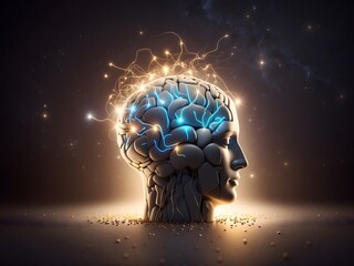 Fototapeta premium Head with bulb, The human brain Illuminates the mind, the brain glowing with scattered lightbulbs symbolizing brilliance nurtured by education 3d