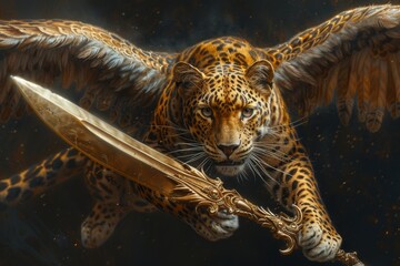 Golden dagger wielded by a winged leopard mythical and majestic