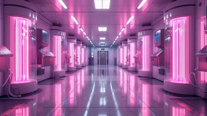 Human cloning lab in a dystopian world ethical paradox neon ambiance