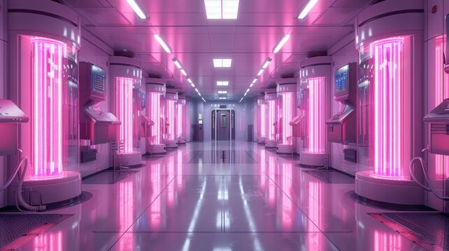Human cloning lab in a dystopian world ethical paradox neon ambiance