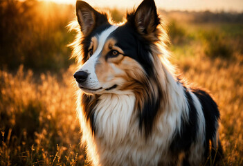The Collie dog poses with his whole body in nature