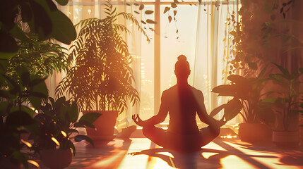 Inner Peace Meditative Silhouette in Sunlit Room with Plants