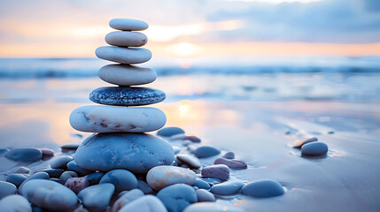 Pebble Stack at Beach Sunset