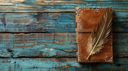 Antique Leather Journal with Quill on Distressed Blue Wooden Background