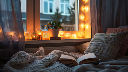 Peaceful Window Sill with Book and String Lights