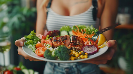 Healthy Grilled Chicken Salad Held by Woman