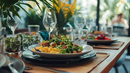 Elegant Outdoor Dining with Fresh Salad on Table