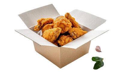 Fried chicken in a cardboard box isolated on a transparent background.