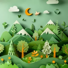 Gordijnen A whimsical nighttime scene in paper art, featuring a forest with snow-capped mountains and a playful crescent moon. © Sodapeaw