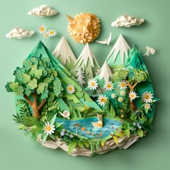 An idyllic paper art landscape featuring a sunlit mountain range, a tranquil lake with a boat, and lush trees surrounded by flowers.