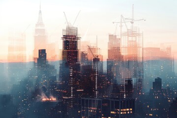 This photo showcases a cityscape with a vibrant array of towering buildings and a bustling urban environment, Futuristic city skyline construction visualized through double exposure, AI Generated - obrazy, fototapety, plakaty