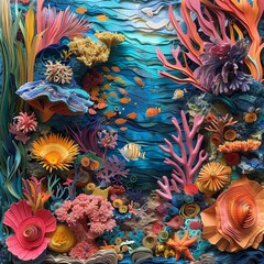 Fototapeta na wymiar This paper sculpture dives into the intricate beauty of a coral reef ecosystem, teeming with vivid colors and marine life.