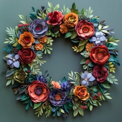 A luxurious wreath composed of handcrafted paper flowers in a sumptuous palette of colors, creating a rich tapestry of botanical art.