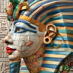 A highly detailed and colorful paper art portrait of Pharaoh Tutankhamun with hieroglyphic patterns, evoking ancient Egyptian artistry.