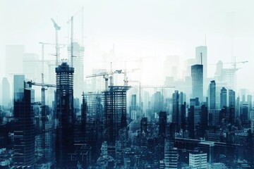 This photo captures the bustling city skyline, featuring a multitude of towering buildings, Futuristic city skyline construction visualized through double exposure, AI Generated