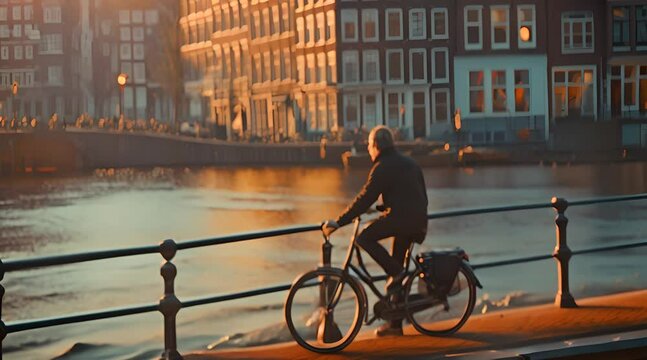 Man watching the sunset from the bike in Amsterdam 