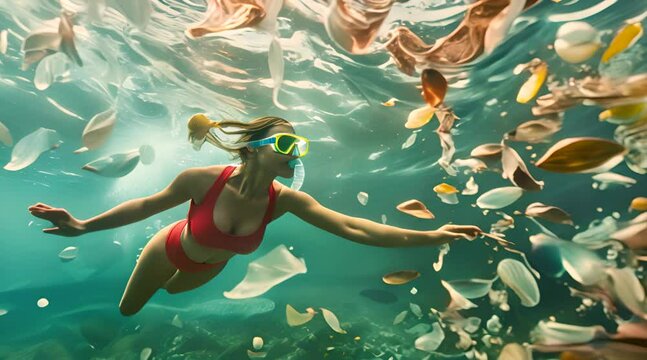 Young woman swimming and diving in the sea surrounded with fishes and plastics 