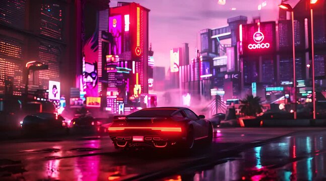 Ultra-modern sport car parking in the center of the square in the cyberpunk neon-lighted city  