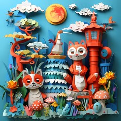 Intricate paper art scene with anthropomorphic fox characters beside a lighthouse, under a colorful sky with a red sun.