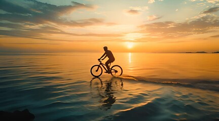 A man cycling in the ocean water during sunset 