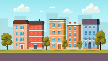 Obraz premium City street panoramic. Vector cartoon flat style illustration.