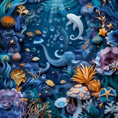 A captivating deep-sea scene in paper art featuring a stealthy shark, a detailed octopus, and an array of colorful marine flora and fauna.
