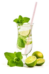 Refreshing summer mojito cocktail with ice cubes, fresh mint and lime, isolated on white background
