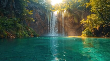 Exotic waterfall and lake panorama landscape of Plitvice Lakes, UNESCO natural world heritage and famous travel destination of Croatia.