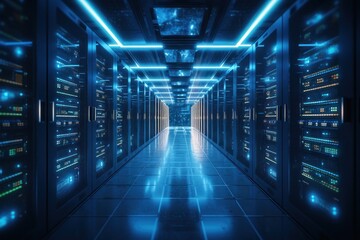 Cybersecurity. server racks in computer network security room at data center, digital online, cyber security, internet connection, social media, network security technology concept