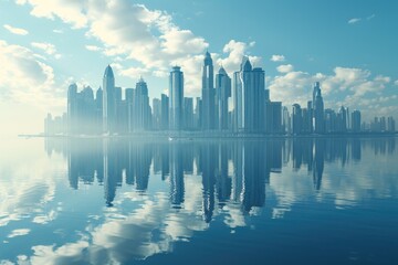 Fototapeta premium A stunning reflection of a bustling city is captured in the calm waters, showcasing its skyscrapers and urban landscape, Futuristic cityscape reflected in the calm water, AI Generated