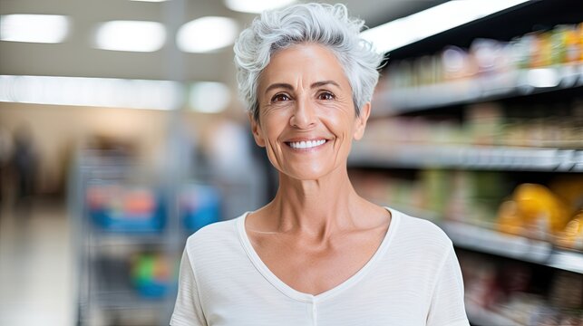 Smiling mature woman shopping for food at a supermarket on isolated white background. AI Generated