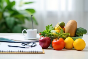 Nutritionism. fresh vegetable and fruit on desk with document report at office hospital, nutrition, diet plan, nutrition, food science, healthy food concept