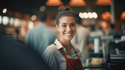 Smiling woman serving a cashier in a supermarket, satisfied worker. AI Generated. - obrazy, fototapety, plakaty