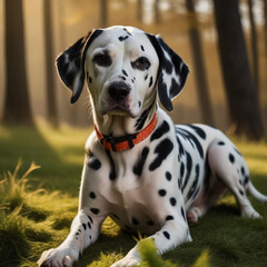 The Dalmatian dog poses with his whole body in nature
