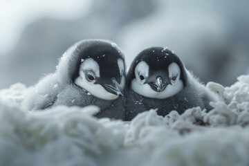 Adorable baby penguins huddle for warmth, fluffy feathers intertwined. 