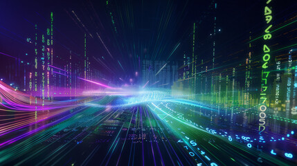 futuristic cityscape at night, with streaks of red and blue traffic lights on the road, overlaid with glowing digital binary code streaming through the air