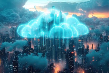 A blue cloud floats gracefully in the sky above a bustling city, casting a serene glow over the urban landscape, Futuristic design of cloud storage as a virtual city, AI Generated