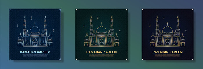 Set of Eid Mubarak greeting cards with hand drawn linear Mosque on dark green and blue background with Arabic pattern. Banner with golden and silver outline Masjid. Ramadan Kareem square posters