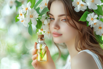 Woman holding a bottle of jasmine oil with jasmine flowers in the background, concept of natural...