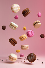 Obraz premium Different types of macaroons in motion falling on a colorful background. Colorful macarons biscuits float in the air on a pastel pink background. Surreal sweet food aesthetic concept.