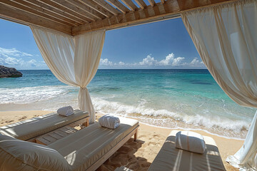 Fototapeta na wymiar Beachfront lounges with elegant drapery and ocean view. Relaxation and retreat concept