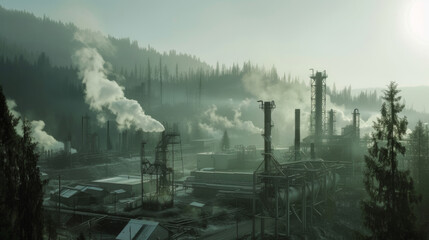 industrial landscape at sunset with multiple smokestacks emitting large amounts of smoke, highlighting environmental concerns related to air pollution. - obrazy, fototapety, plakaty