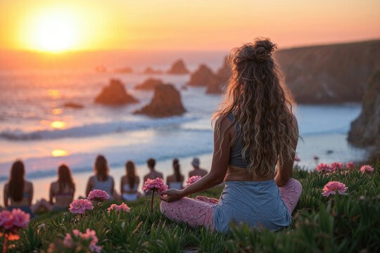 Woman meditating in a lotus position at sunset, overlooking a coastal seascape with blooming flowers. Relaxation and retreat concept