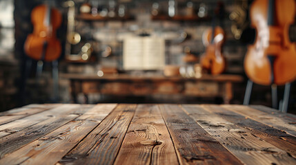 A blank wooden tabletop with blurred musical instruments and sheet music in the background ideal...